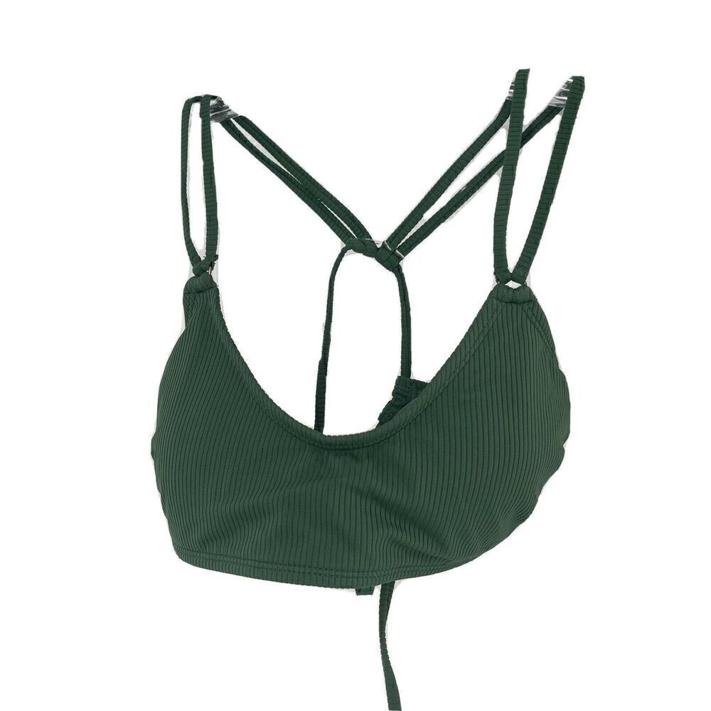 Ribbed Bikini Top Green Strappy Racerback Scoop Neck Juniors Size M Swimwear Top